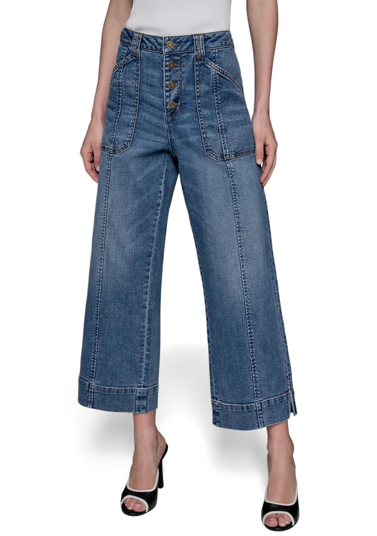 Womens High Rise Front Pocket Flare Denim Pants 