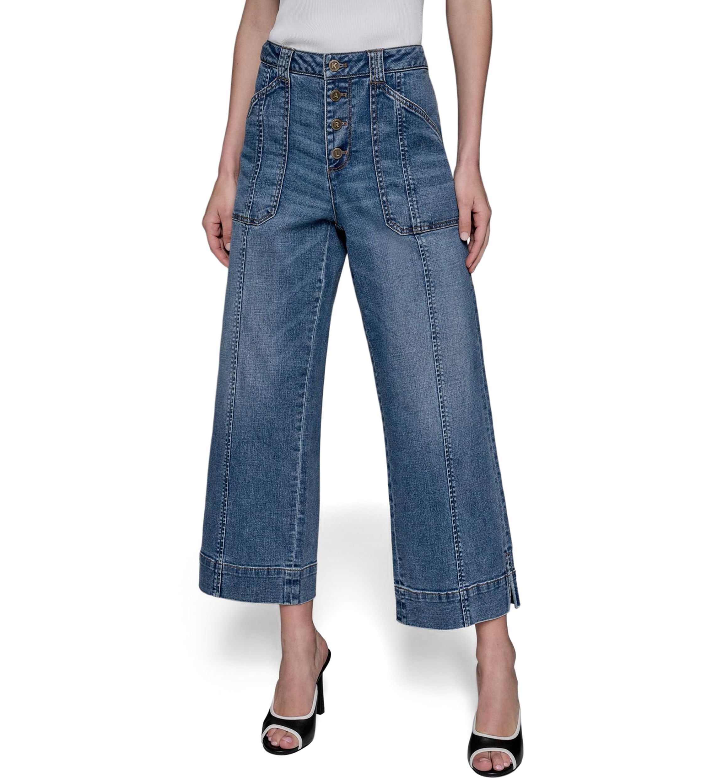 Womens High Rise Front Pocket Flare Denim Pants 