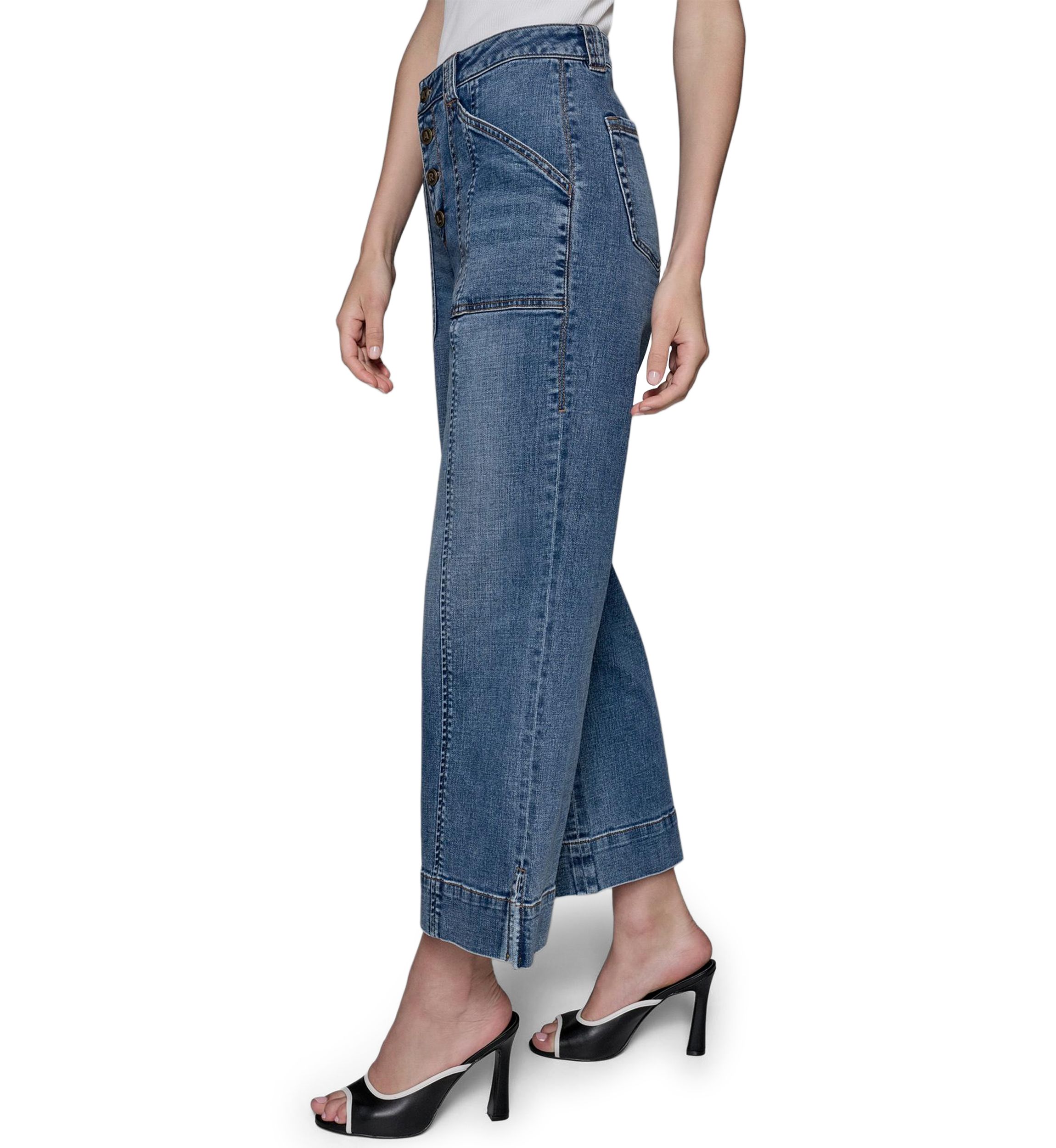 Womens High Rise Front Pocket Flare Denim Pants 