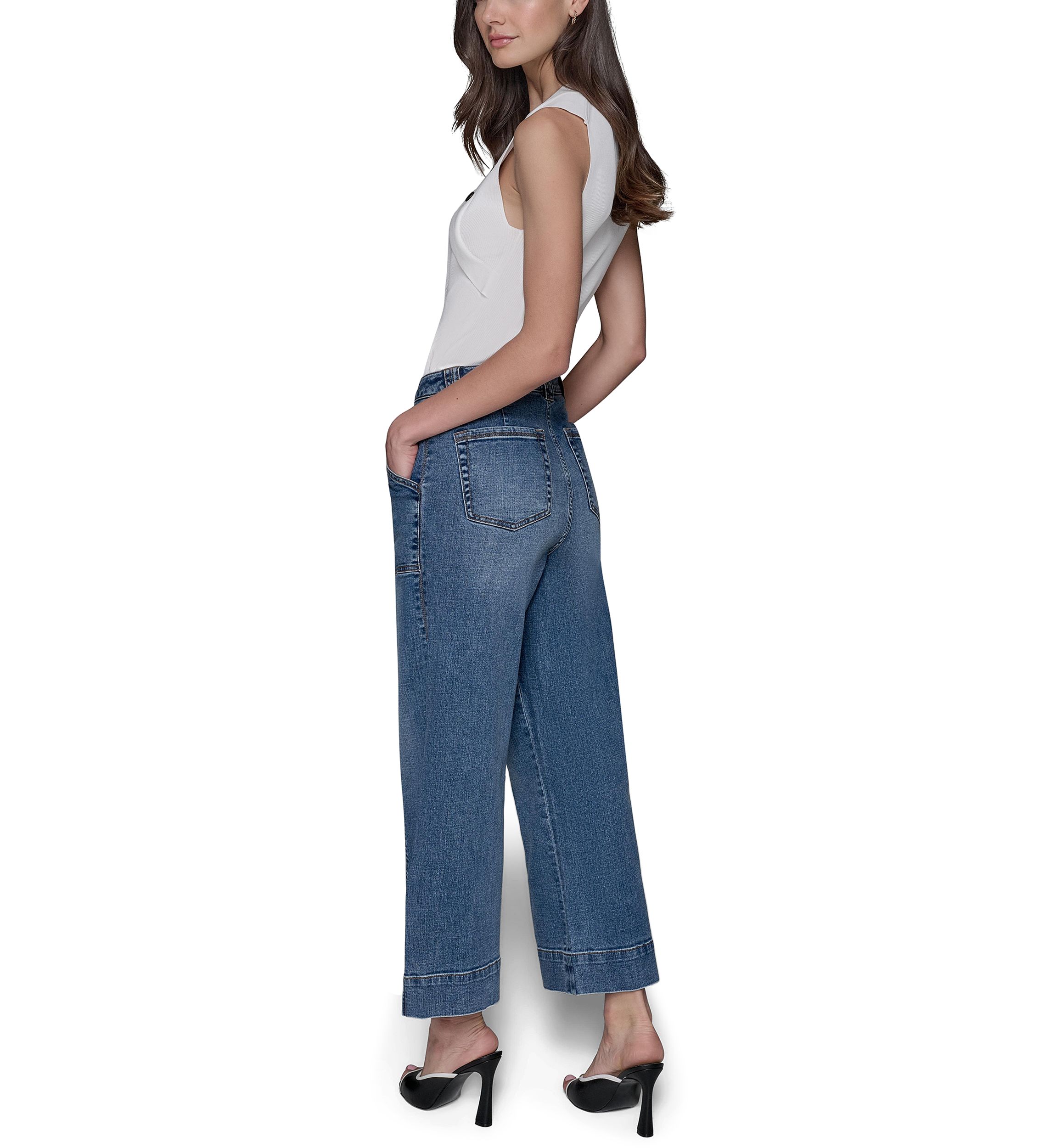 Womens High Rise Front Pocket Flare Denim Pants 