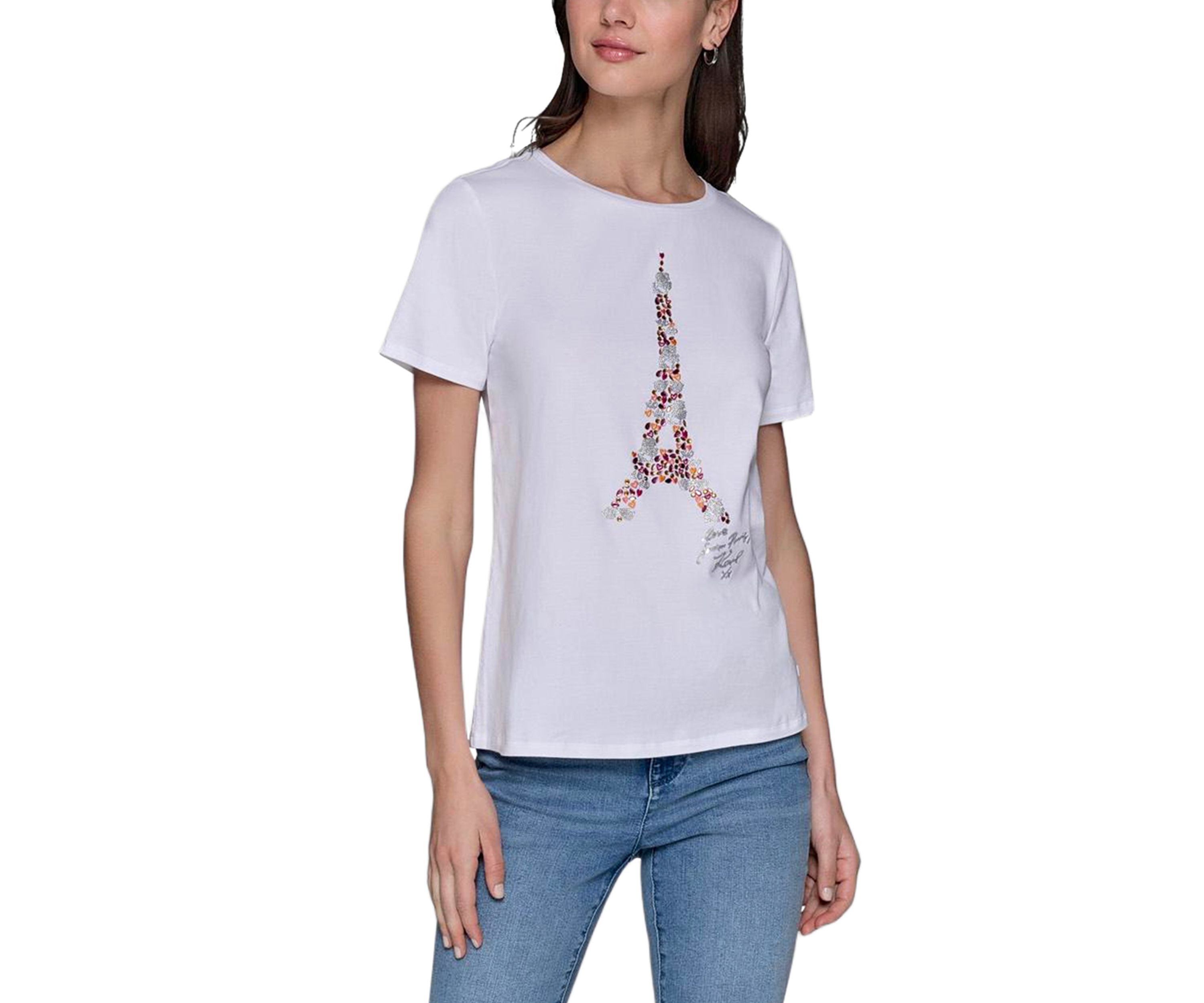 Womens Sequin Eiffel Tower Sequin Graphic T-Shirt