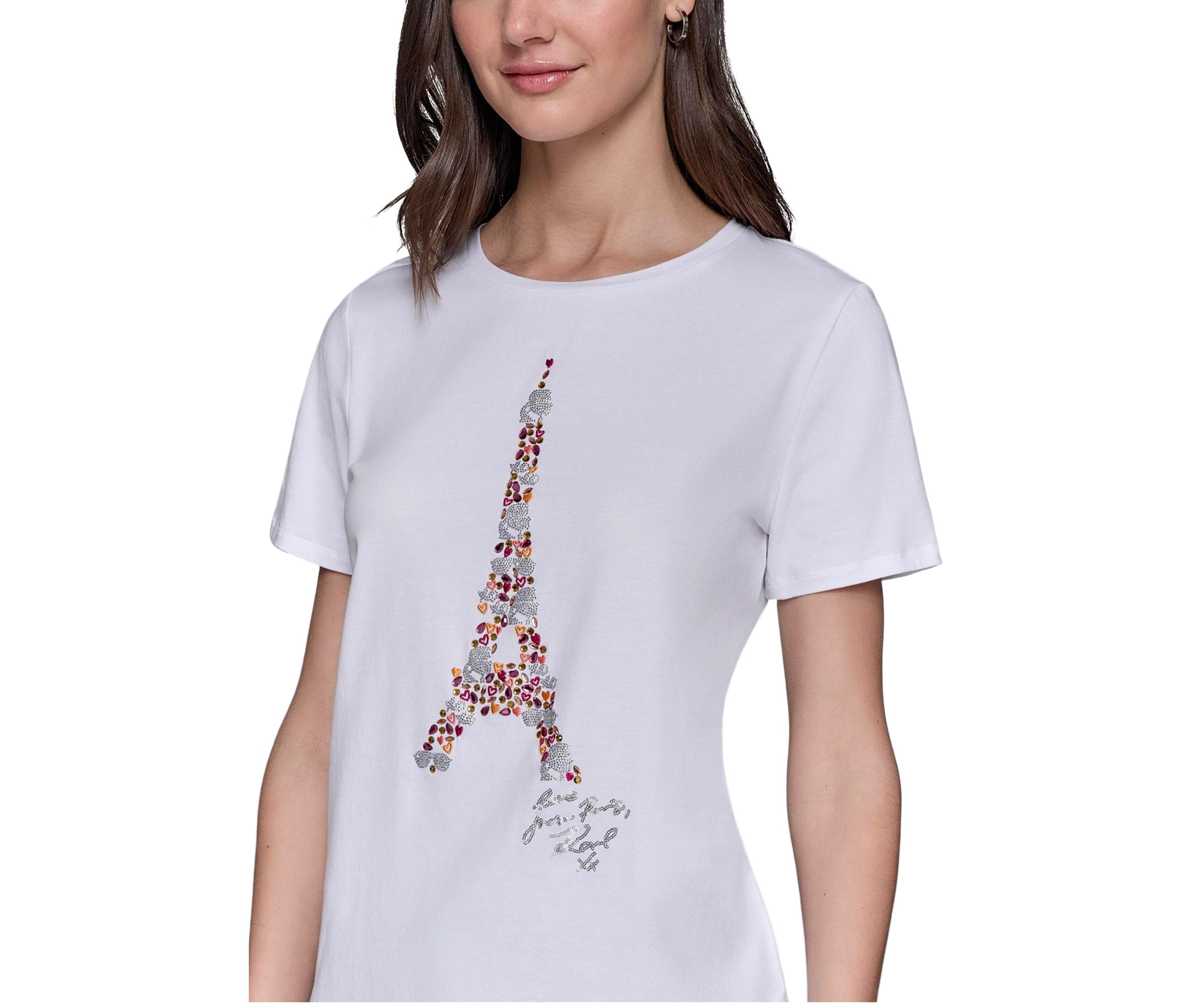 Womens Sequin Eiffel Tower Sequin Graphic T-Shirt