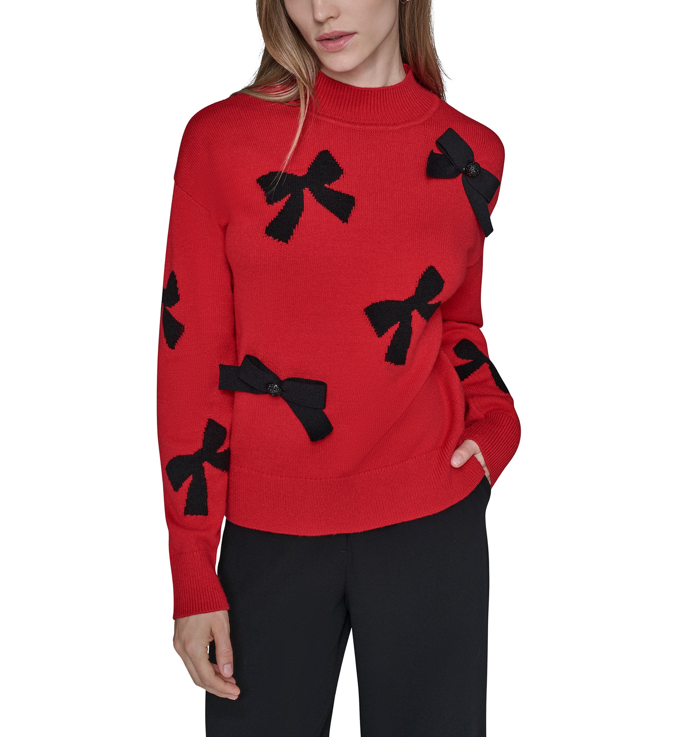 Womens All Over Bow Funnel Neck Sweater