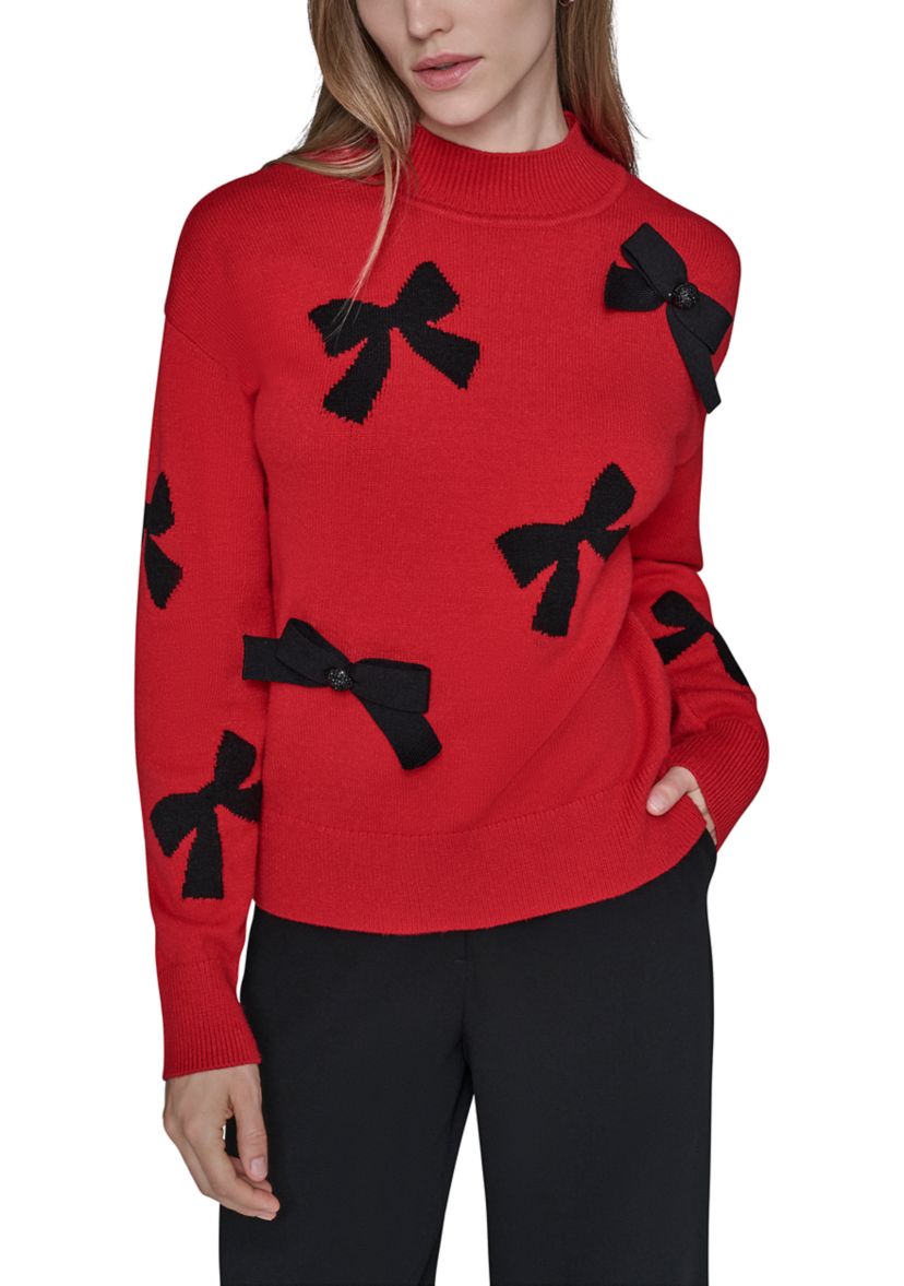 Womens All Over Bow Funnel Neck Sweater