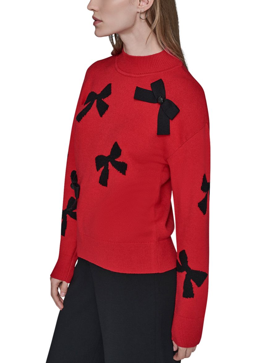 Womens All Over Bow Funnel Neck Sweater
