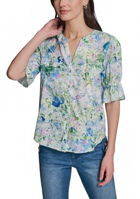 KARL LAGERFELD PARIS Women's Three-Quarter Bubble Sleeve Floral Blouse, Sky Blue, Medium
