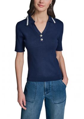 KARL LAGERFELD PARIS Women's Short Sleeve Polo Sweater, White, Medium