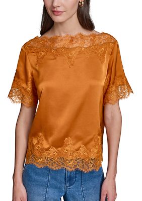 KARL LAGERFELD PARIS Women's Short Sleeve Lace Trim Satin Blouse, Large