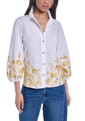 KARL LAGERFELD PARIS Women's 3/4 Blouson Sleeve Floral Embroidered Hem Cotton Shirt, White, Small