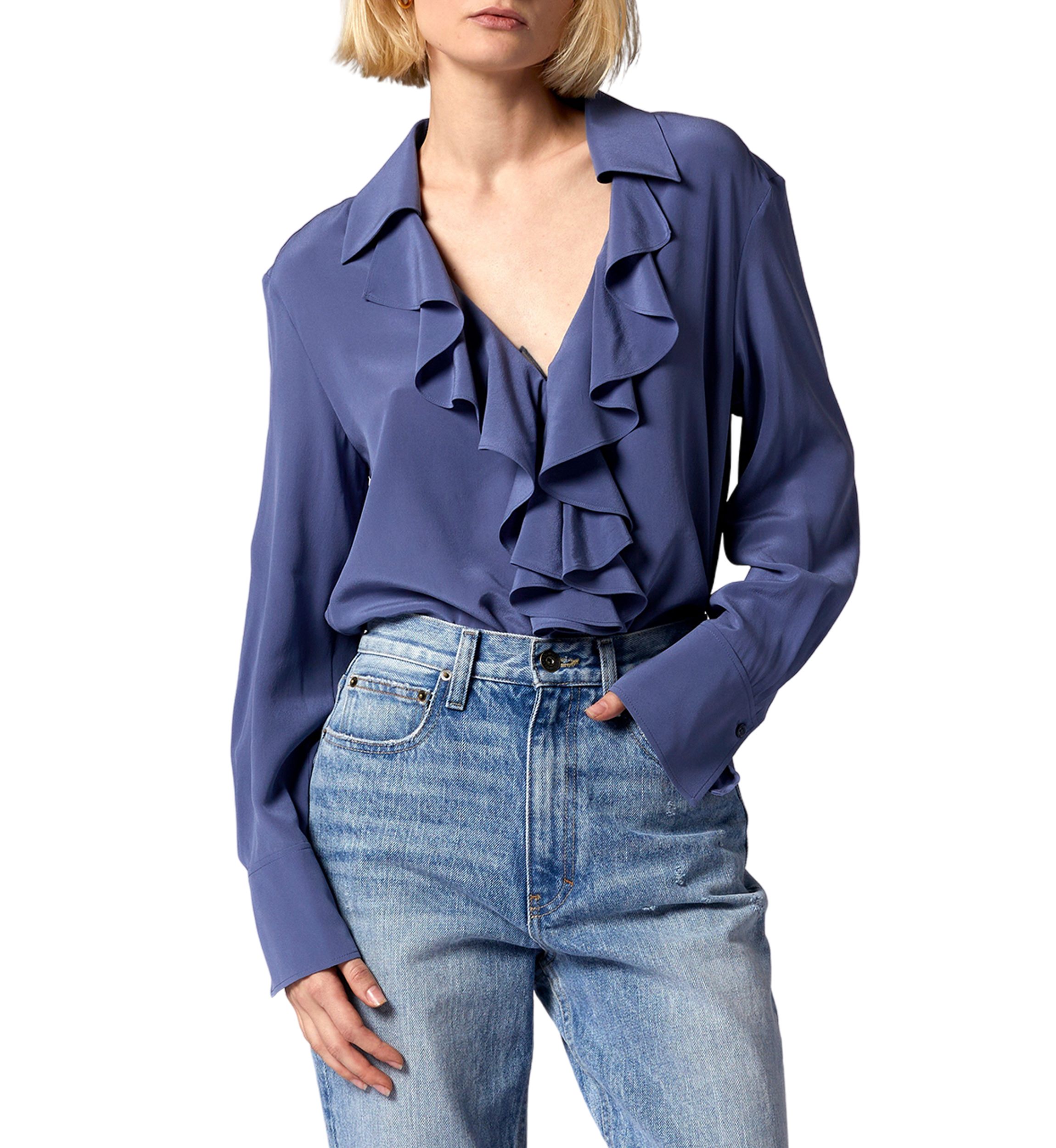 Womens Blouson Sleeve Ruffle Neck Blouse