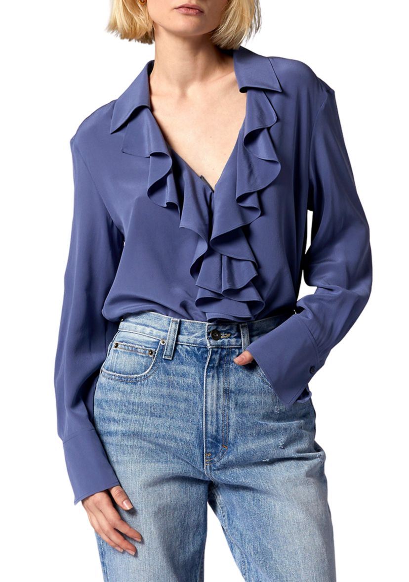 Womens Blouson Sleeve Ruffle Neck Blouse