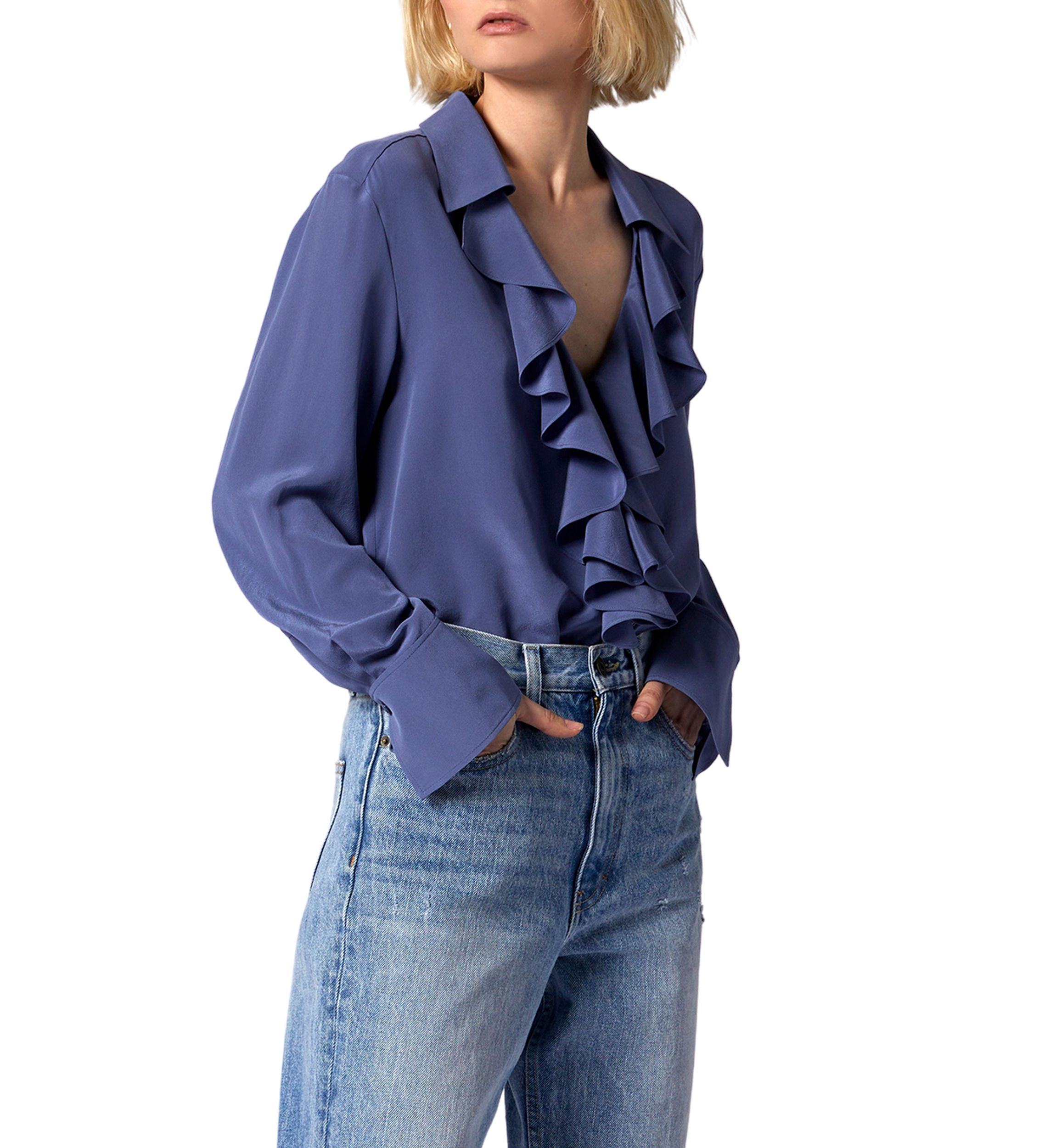 Womens Blouson Sleeve Ruffle Neck Blouse