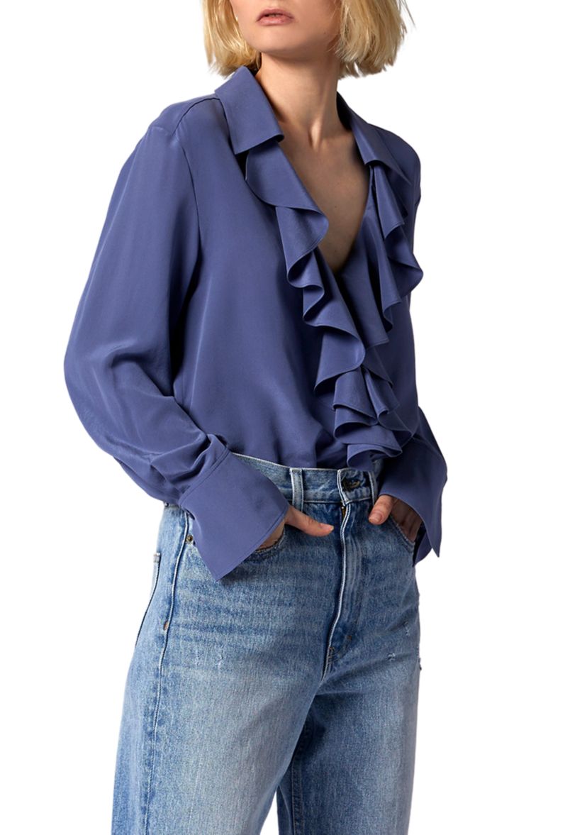 Womens Blouson Sleeve Ruffle Neck Blouse