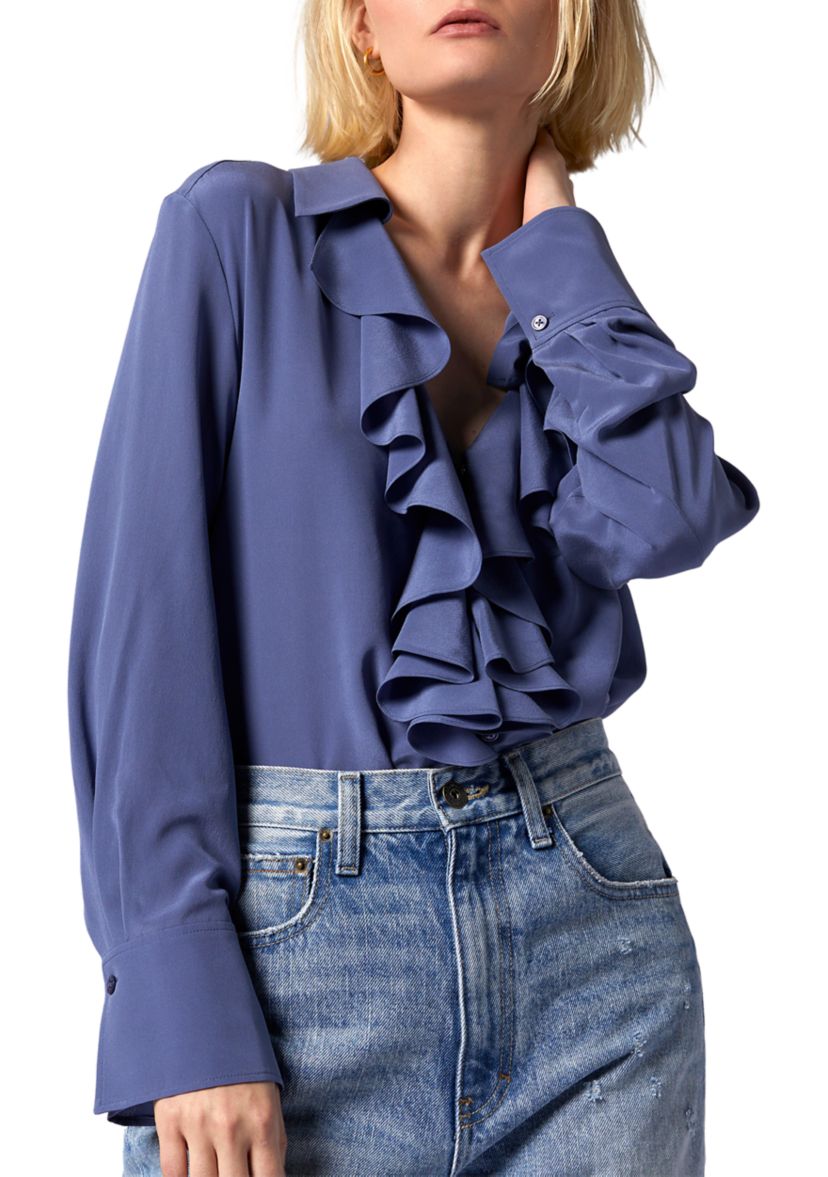 Womens Blouson Sleeve Ruffle Neck Blouse