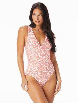 Carmen Marc Valvo Deep Plunge Ruched One Piece Swimsuit - Solids