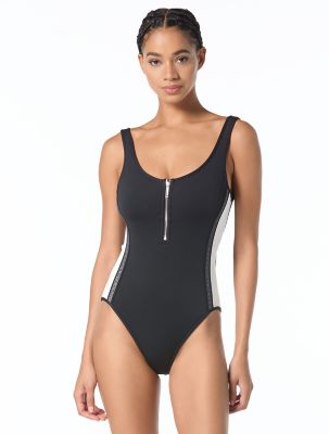 Women's MICHAEL Michael Kors Zip Front One Piece Swimsuit, Black, 6