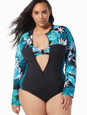 Beach House Women Sport Plus Sculpt Long Sleeve Zip Front One Piece Swimsuit