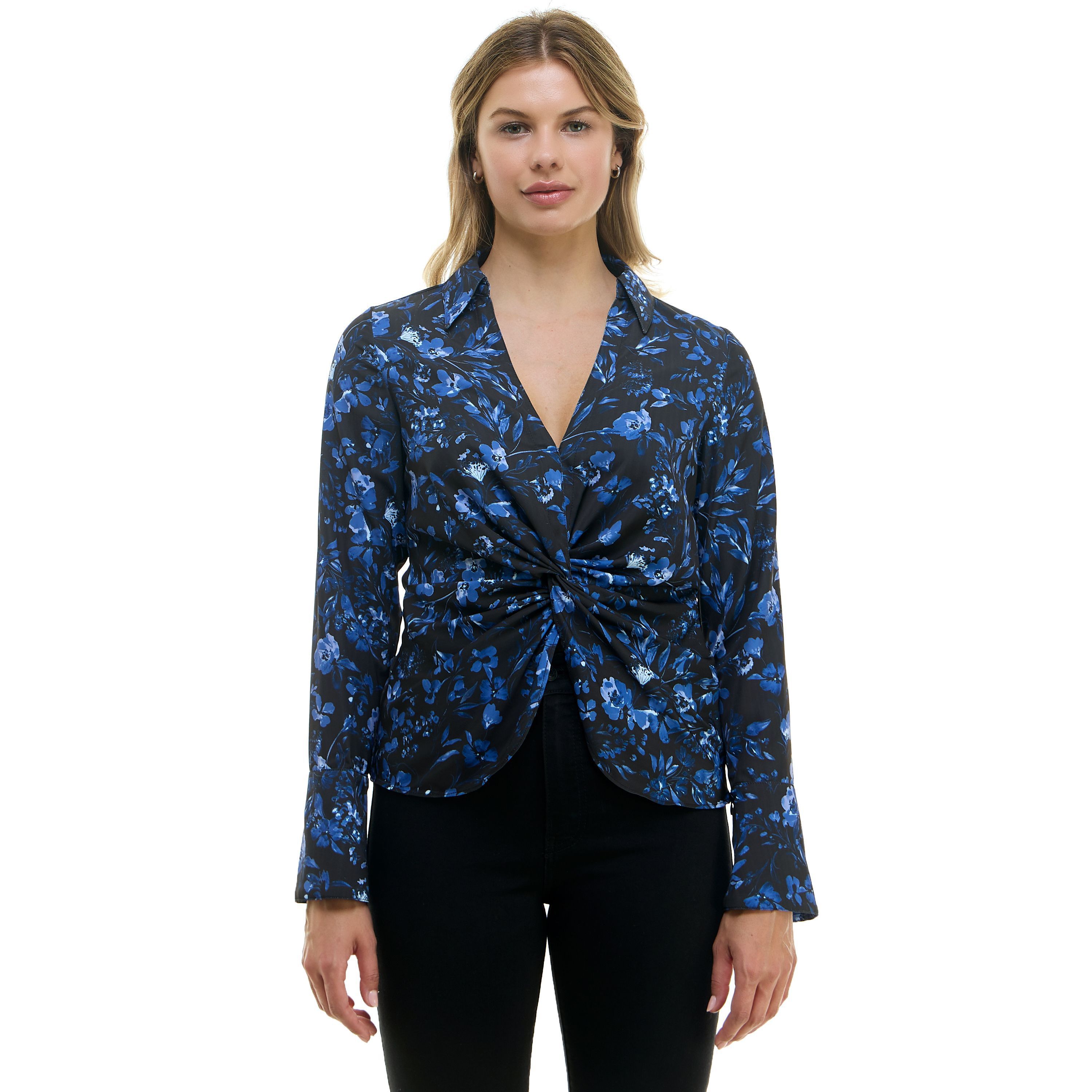 Silk like printed twist front blouse