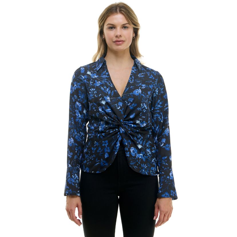 Silk like printed twist front blouse