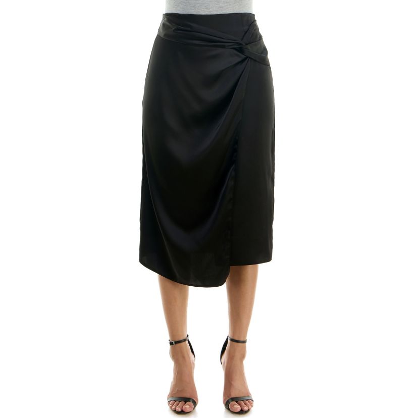 Solid stretch satin faux wrap skirt