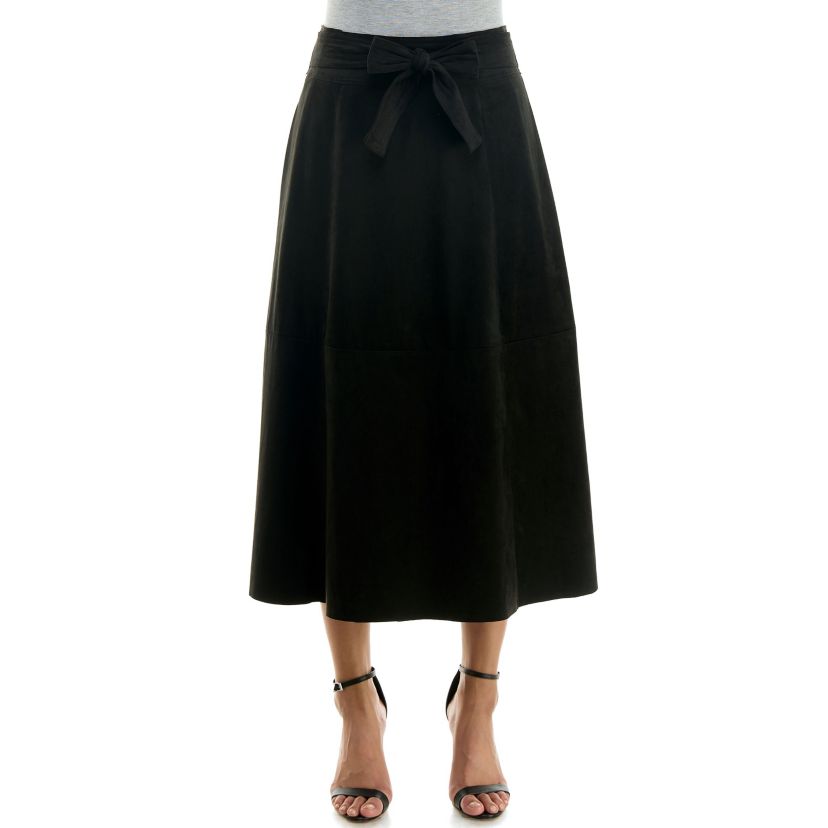 Faux suede long tie belt midi skirt