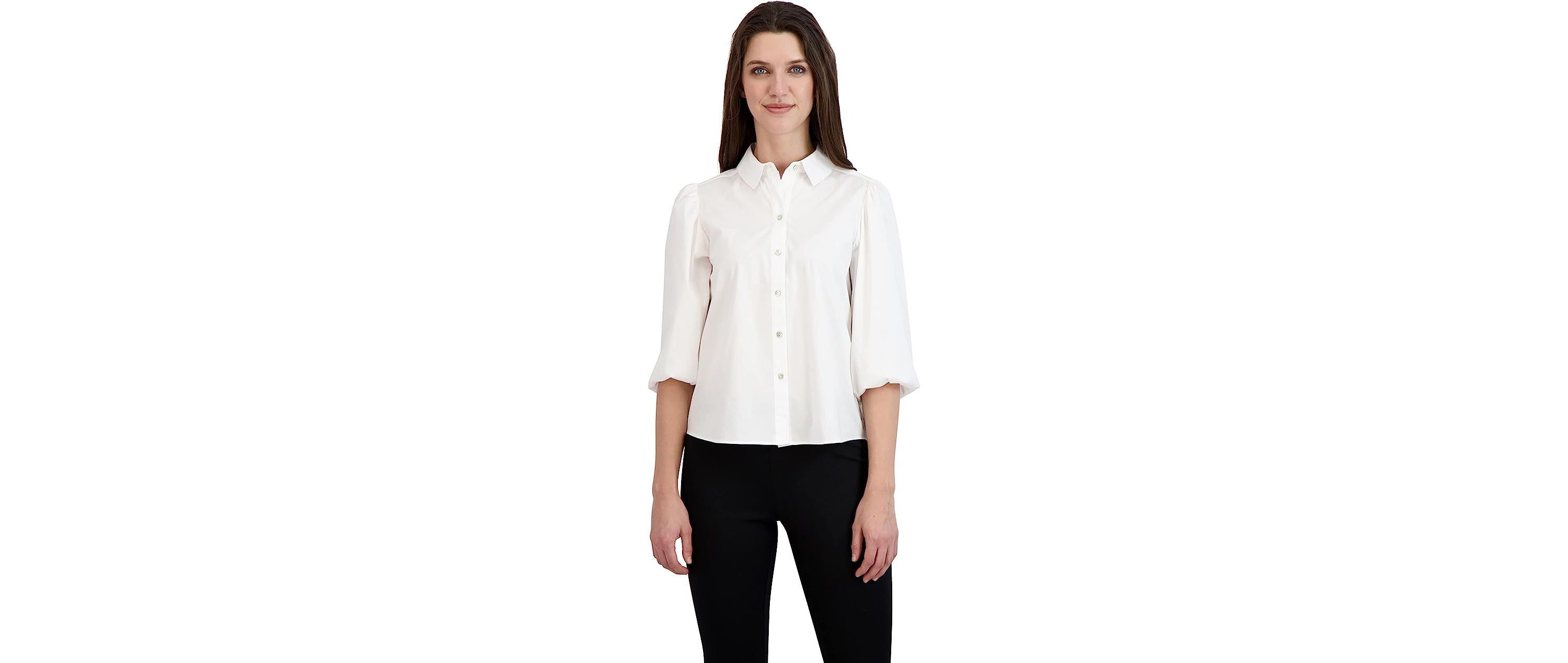 Cotton Poplin Blouson Sleeve Button Up Top