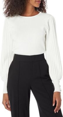 Nanette Lepore Women's Pullover Lurex Sweater with Ribbed Sleeve Detail, Ivory, Medium