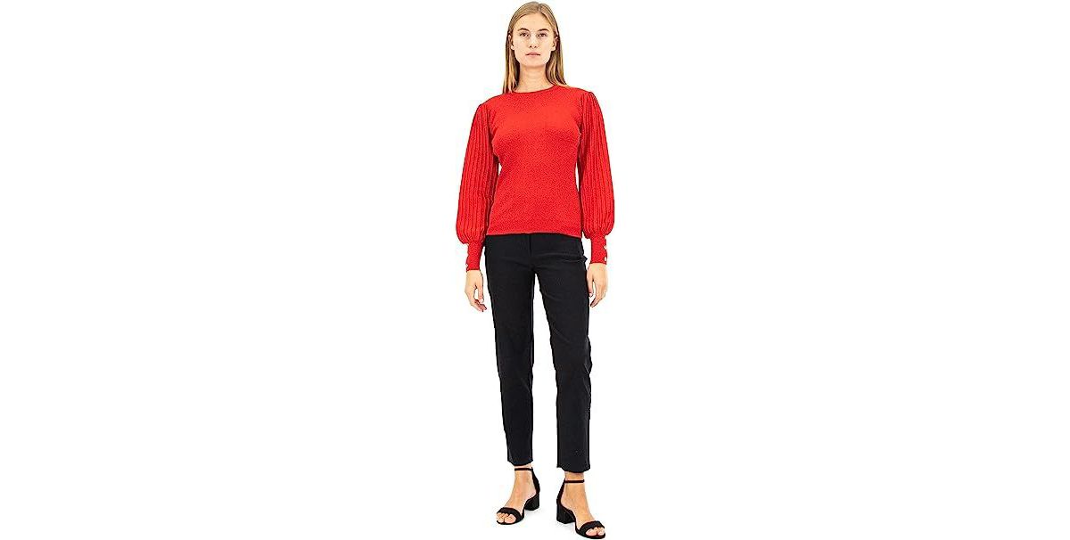 Pullover Lurex Sweater with Ribbed Sleeve Detail