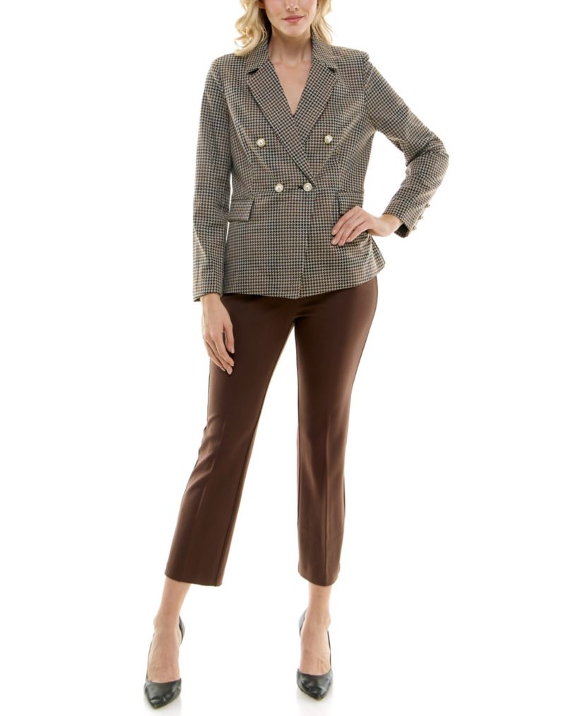 Double Breasted Printed Artie Houndstooth Jacket Pant Suit with Solid Pant