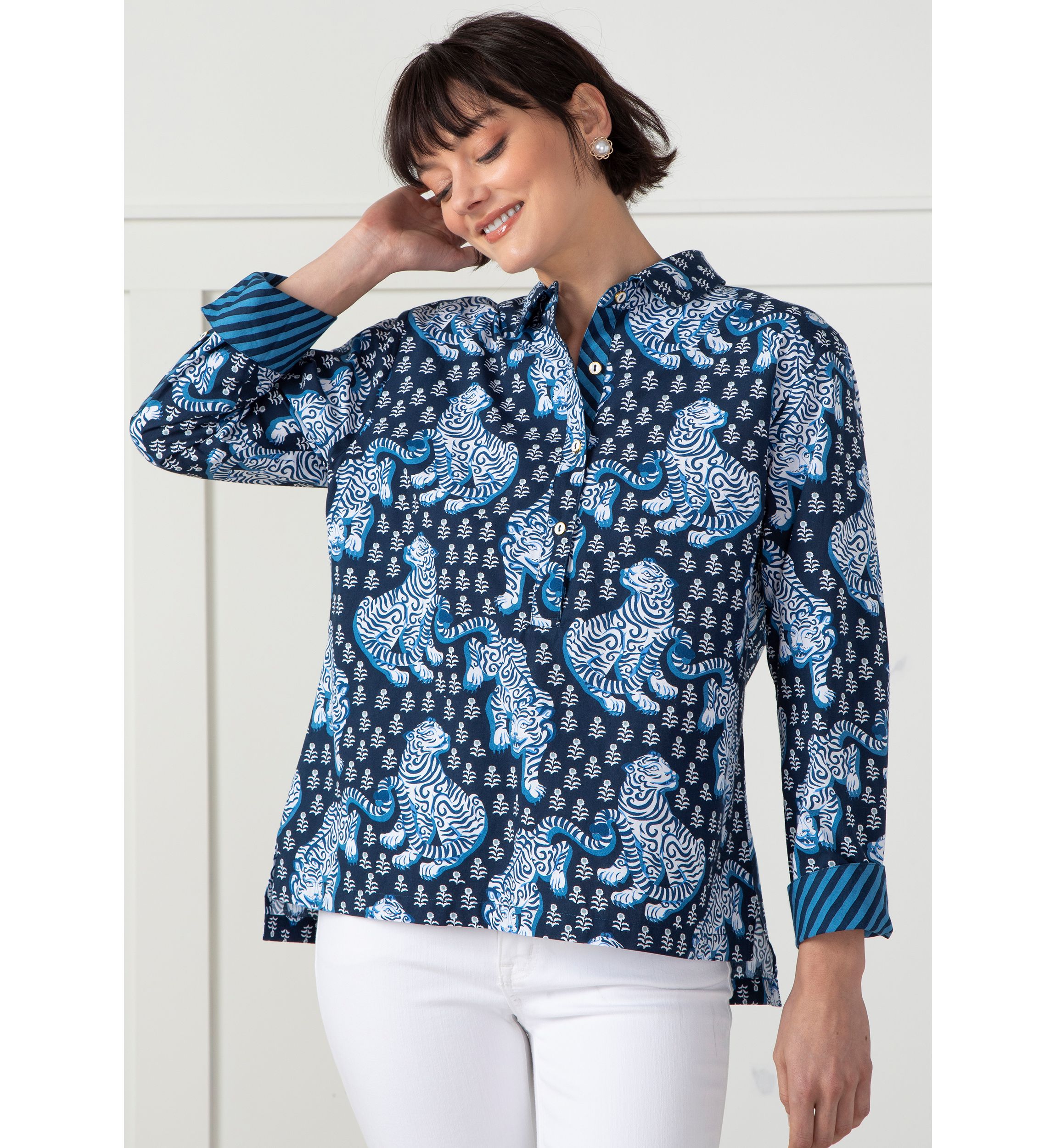 Tiger Queen Navy Graceful Getaway Blouse