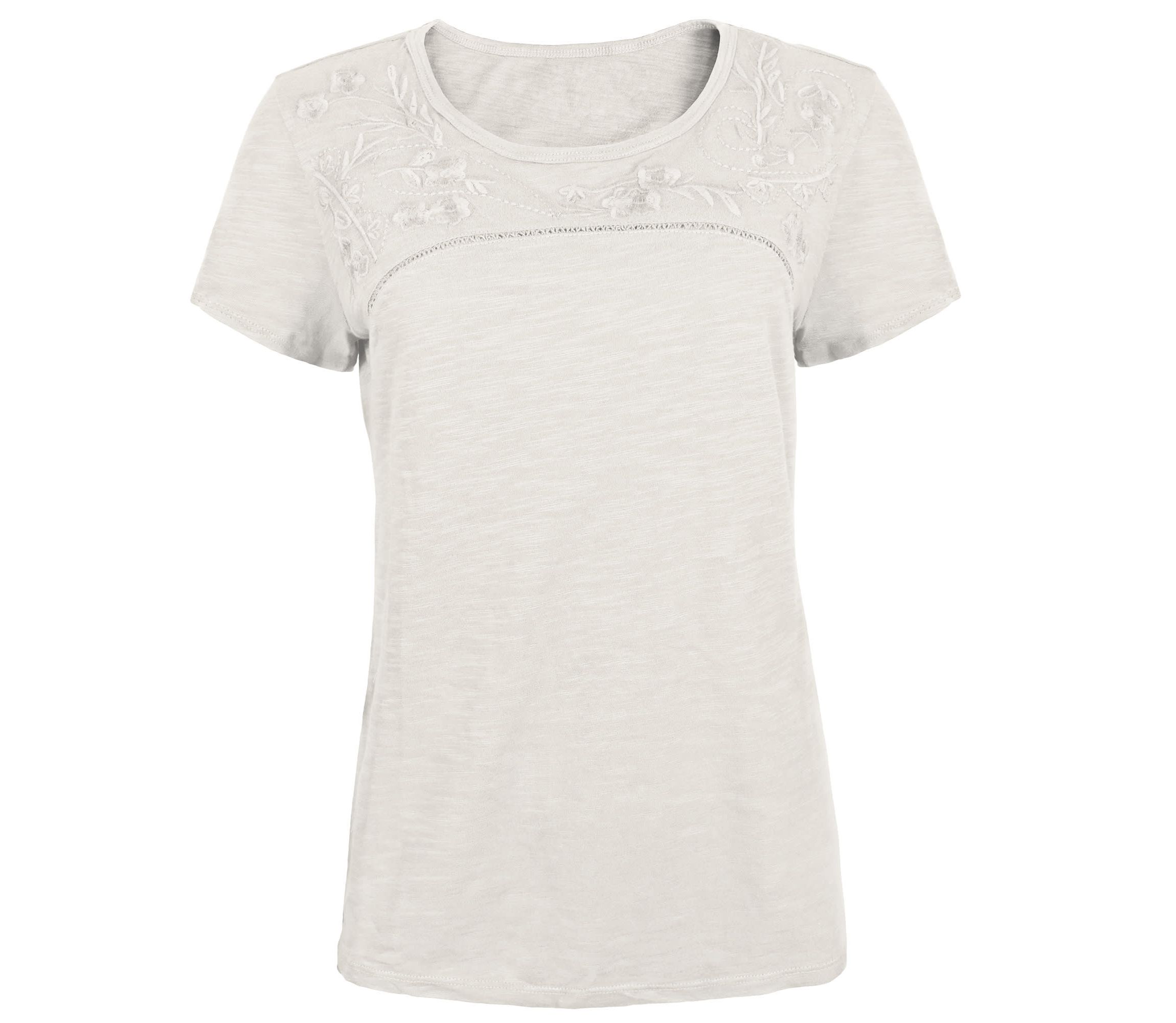 Ladies Floral Detail Slub Knit Cotton Blend Scoop Neck T-Shirt