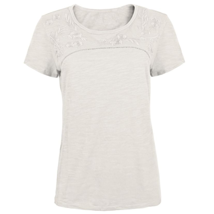 Ladies Floral Detail Slub Knit Cotton Blend Scoop Neck T-Shirt