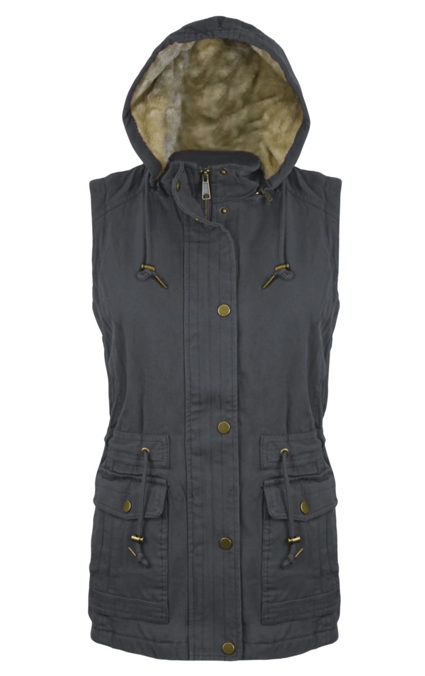 Ladies Canvas Utility Vest Inner Sherpa Removable Hood