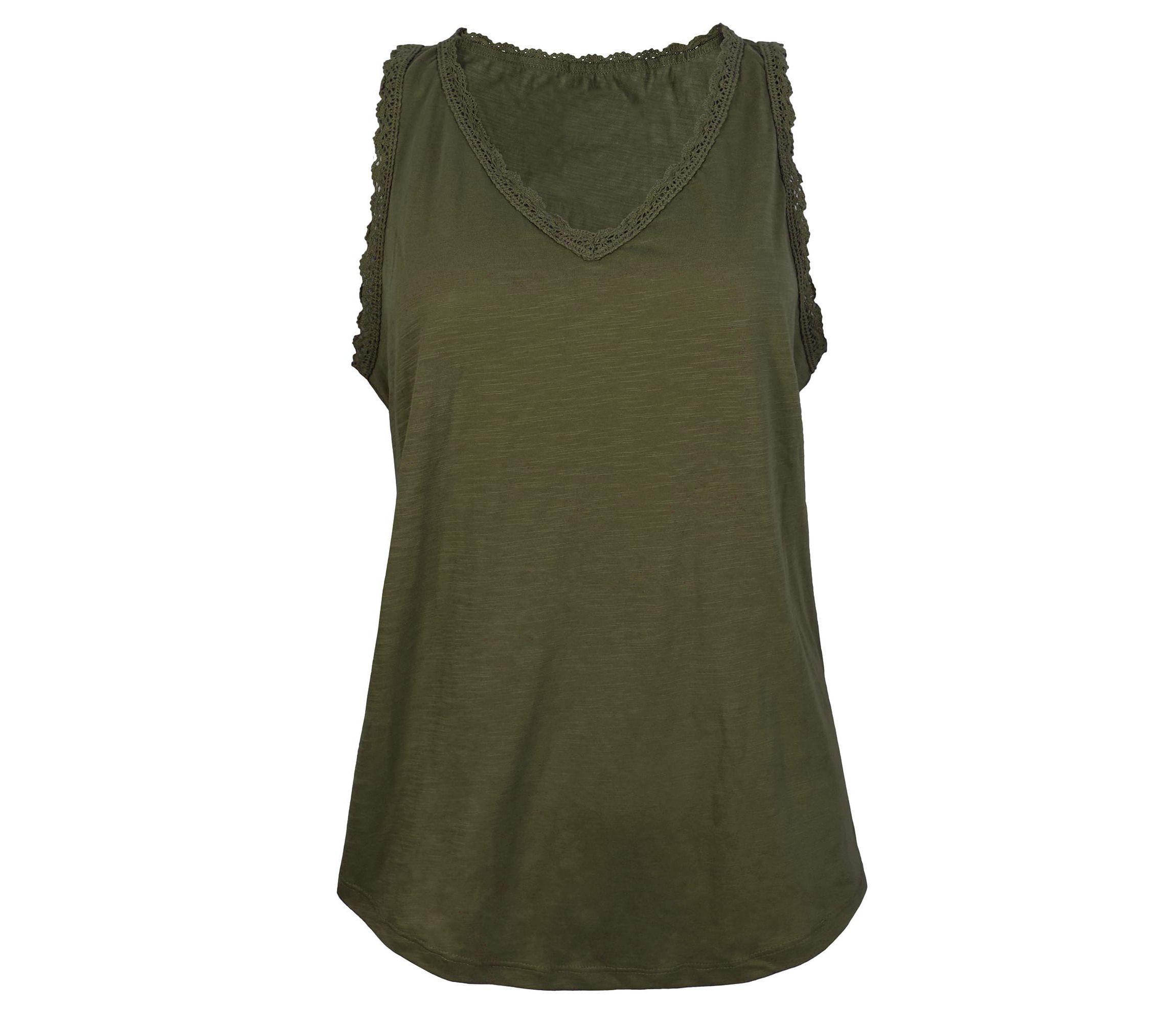 Ladies Slub Knit Cotton Blend Ruffle Lace Hem Sleeveless V-Neck Top