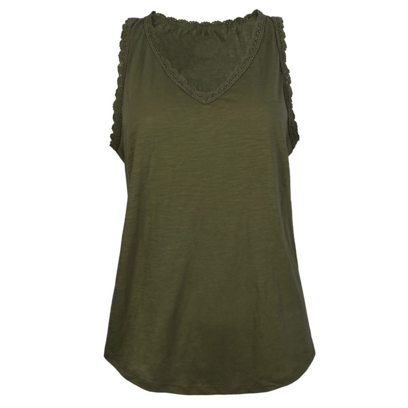 Ladies Slub Knit Cotton Blend Ruffle Lace Hem Sleeveless V-Neck Top
