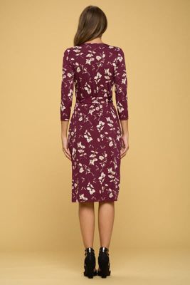 FLORAL PRINT V NECK JERSEY WRAP DRESS WITH TIE