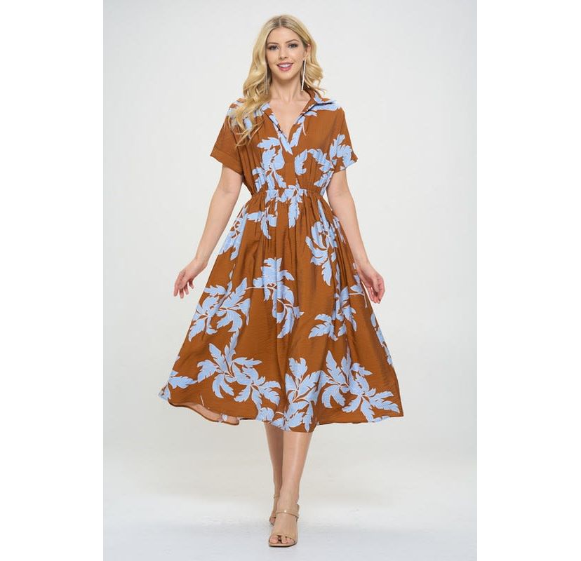 LEAF PRINT COLLARED DRESS