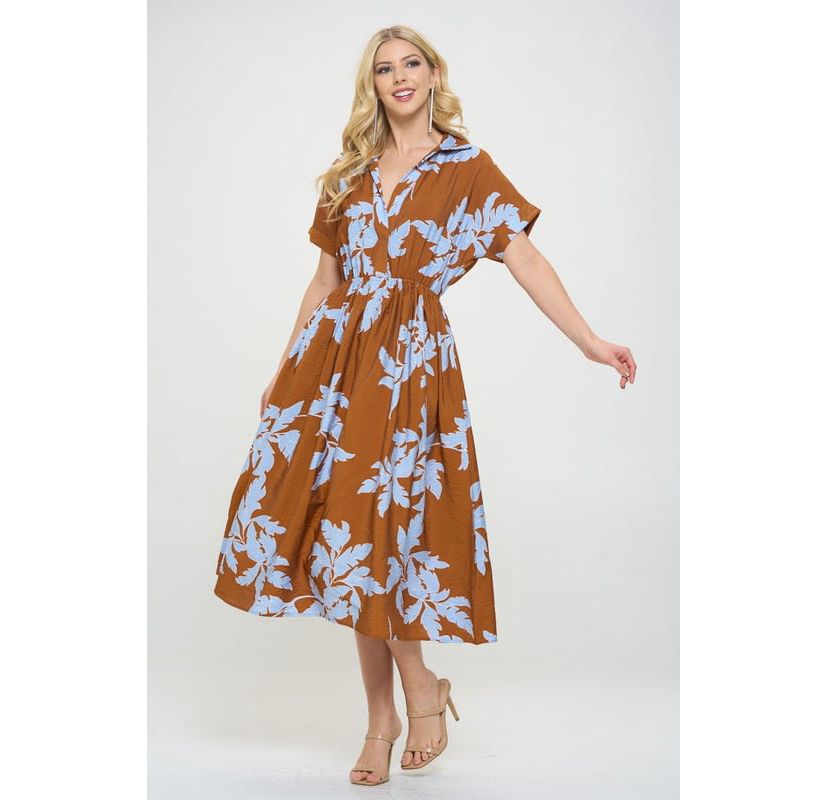 LEAF PRINT COLLARED DRESS
