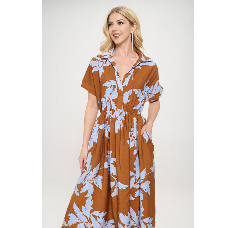 LEAF PRINT COLLARED DRESS