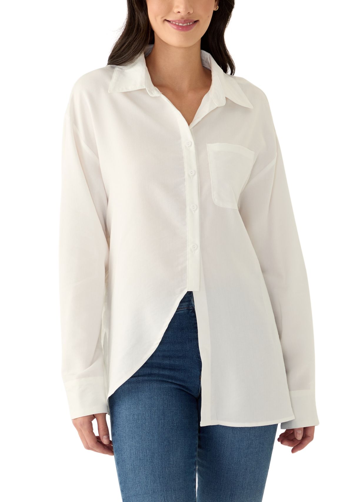 Womens Solid Button Front Shirt with Split Hem 