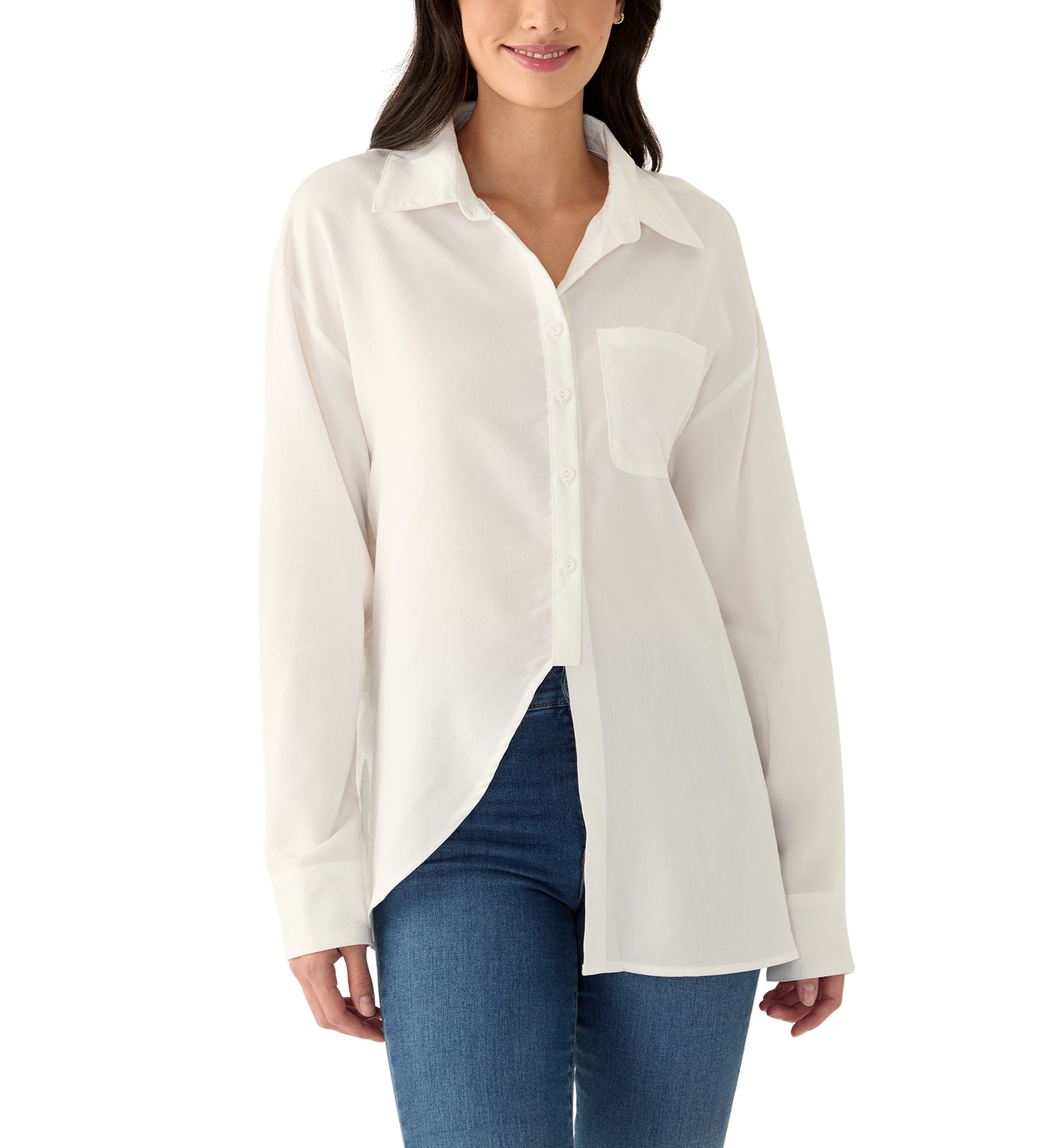 Womens Solid Button Front Shirt with Split Hem 