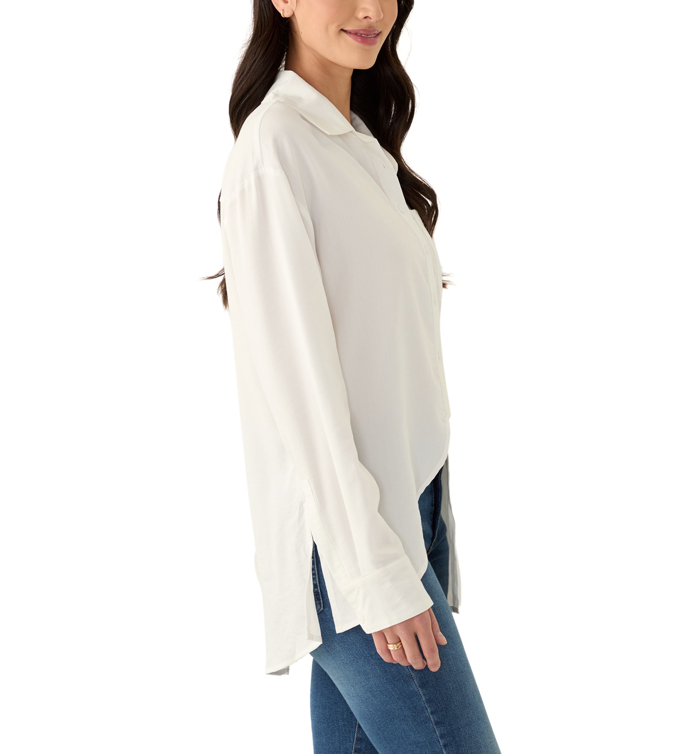 Womens Solid Button Front Shirt with Split Hem 