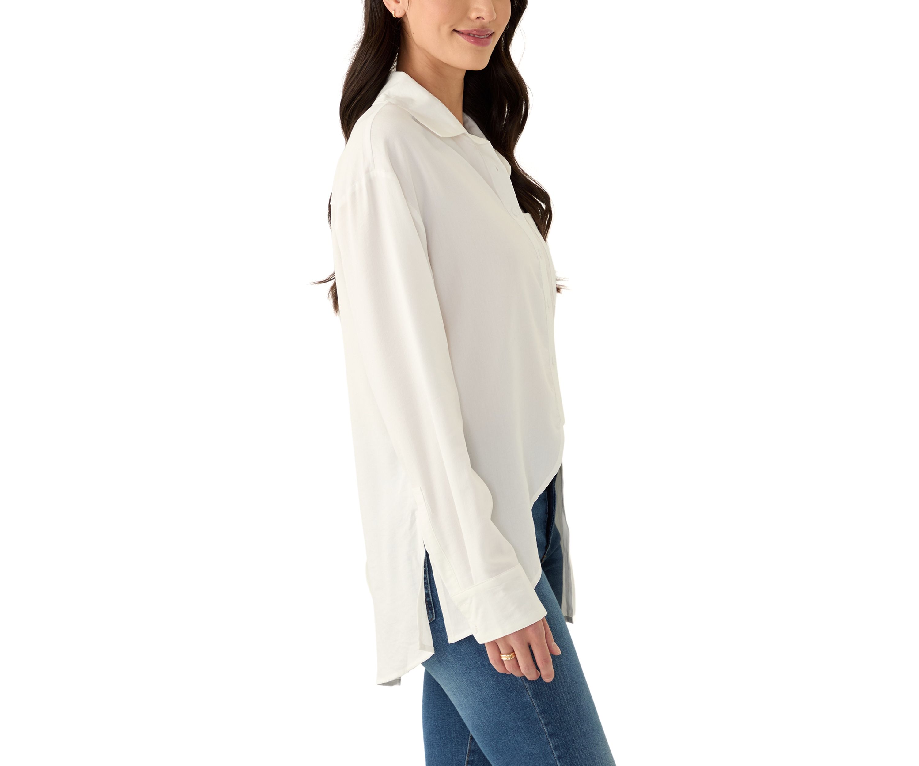 Womens Solid Button Front Shirt with Split Hem 