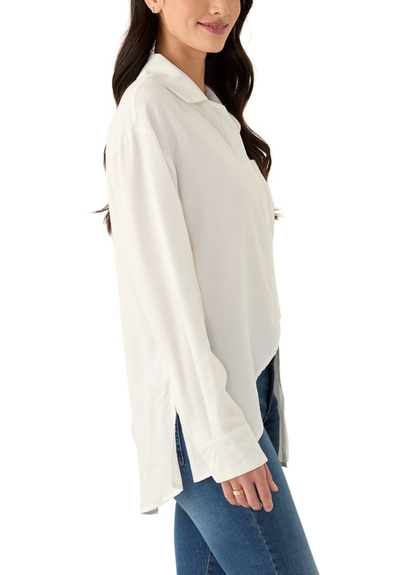 Womens Solid Button Front Shirt with Split Hem 