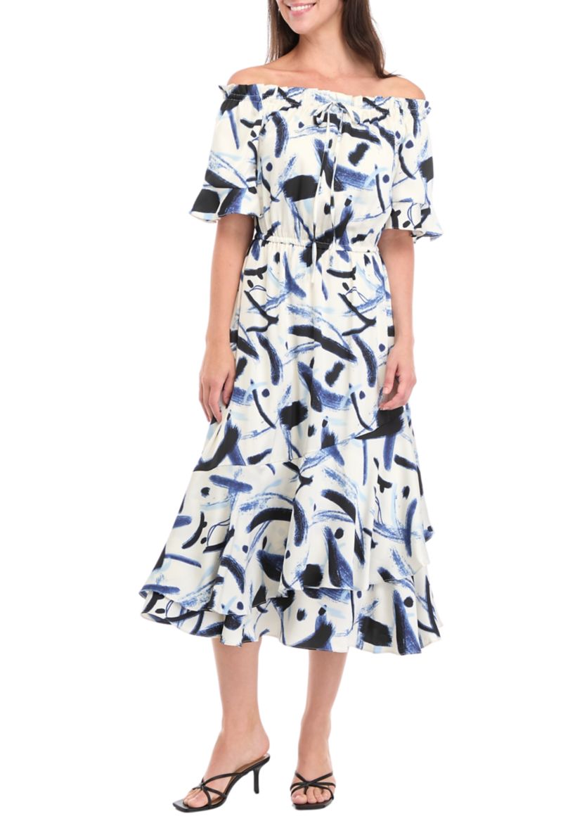 Womens Off the Shoulder Printed Maxi Dress