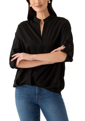 PATRIZIA LUCA Women's Split Neck Button Front Blouse, Black, L/XL