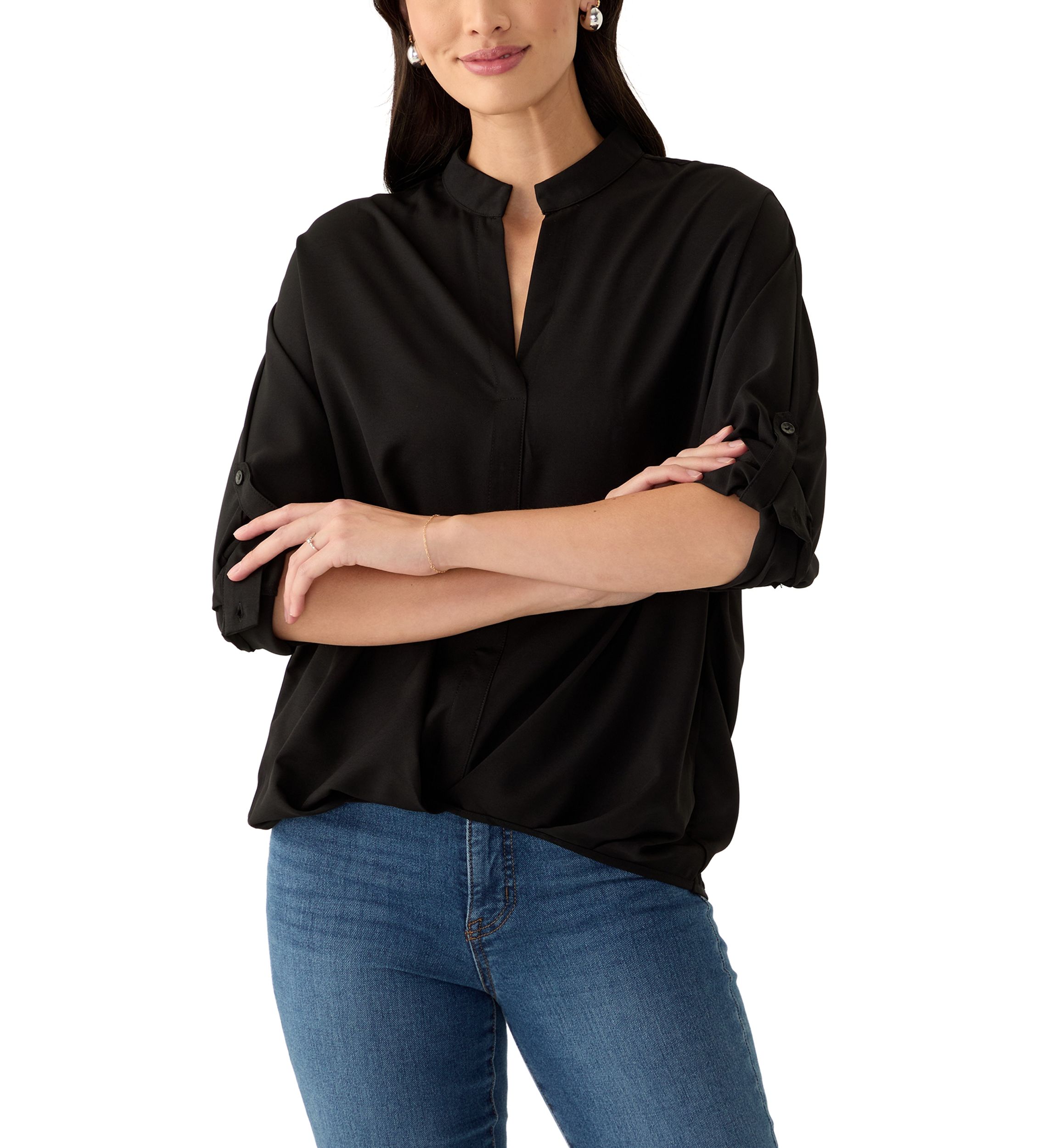 Womens Split Neck Button Front Blouse