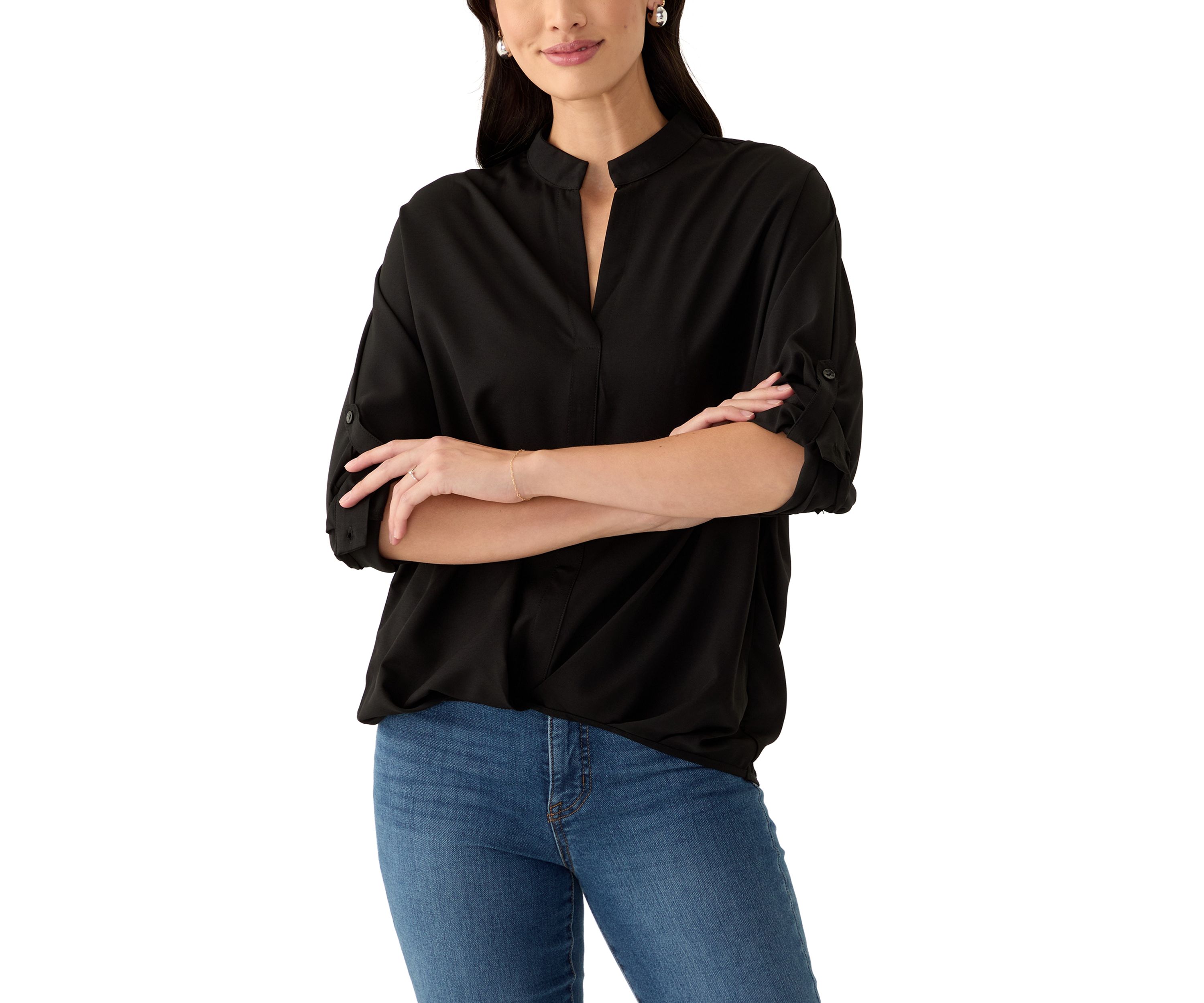 Womens Split Neck Button Front Blouse