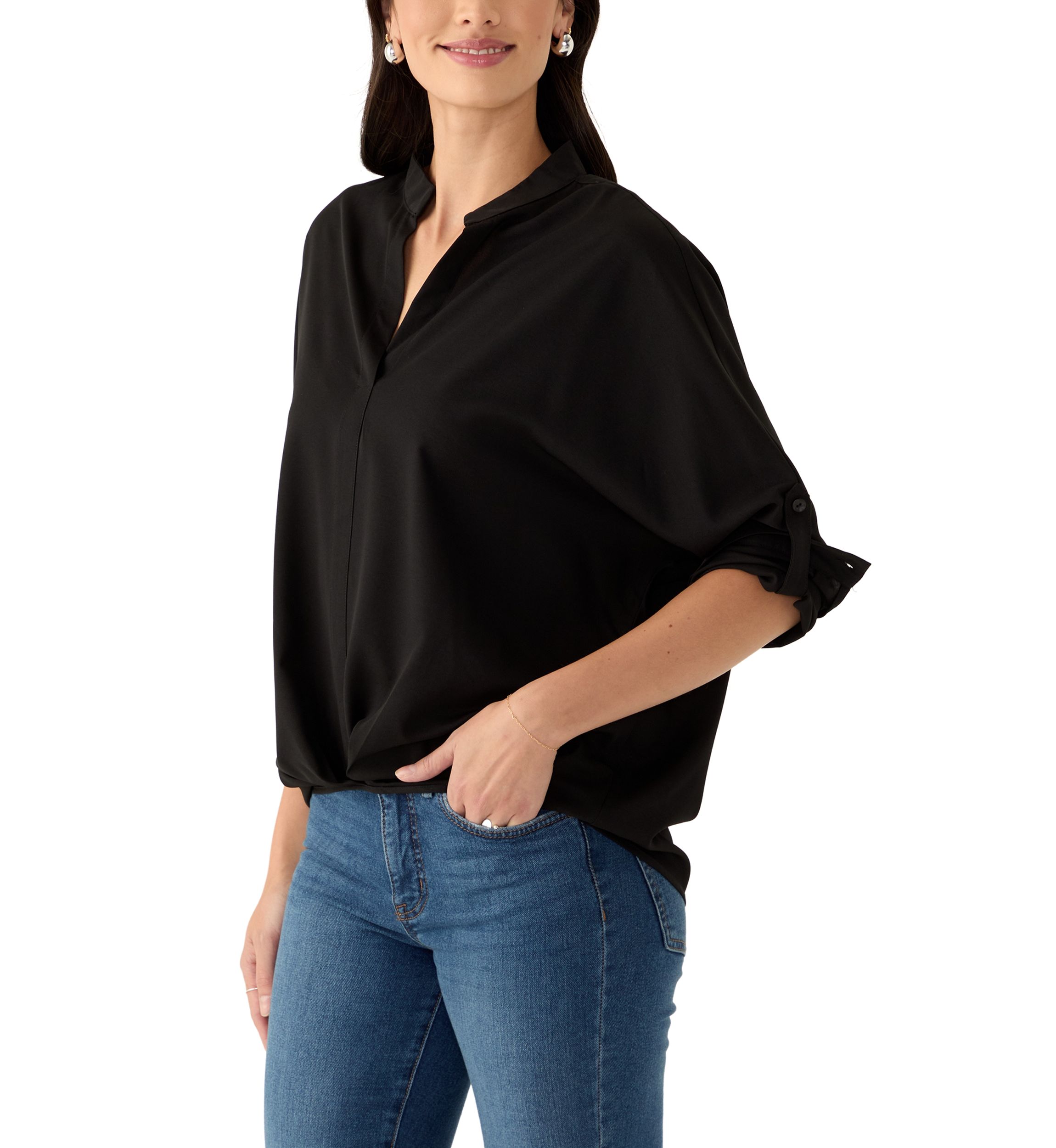 Womens Split Neck Button Front Blouse