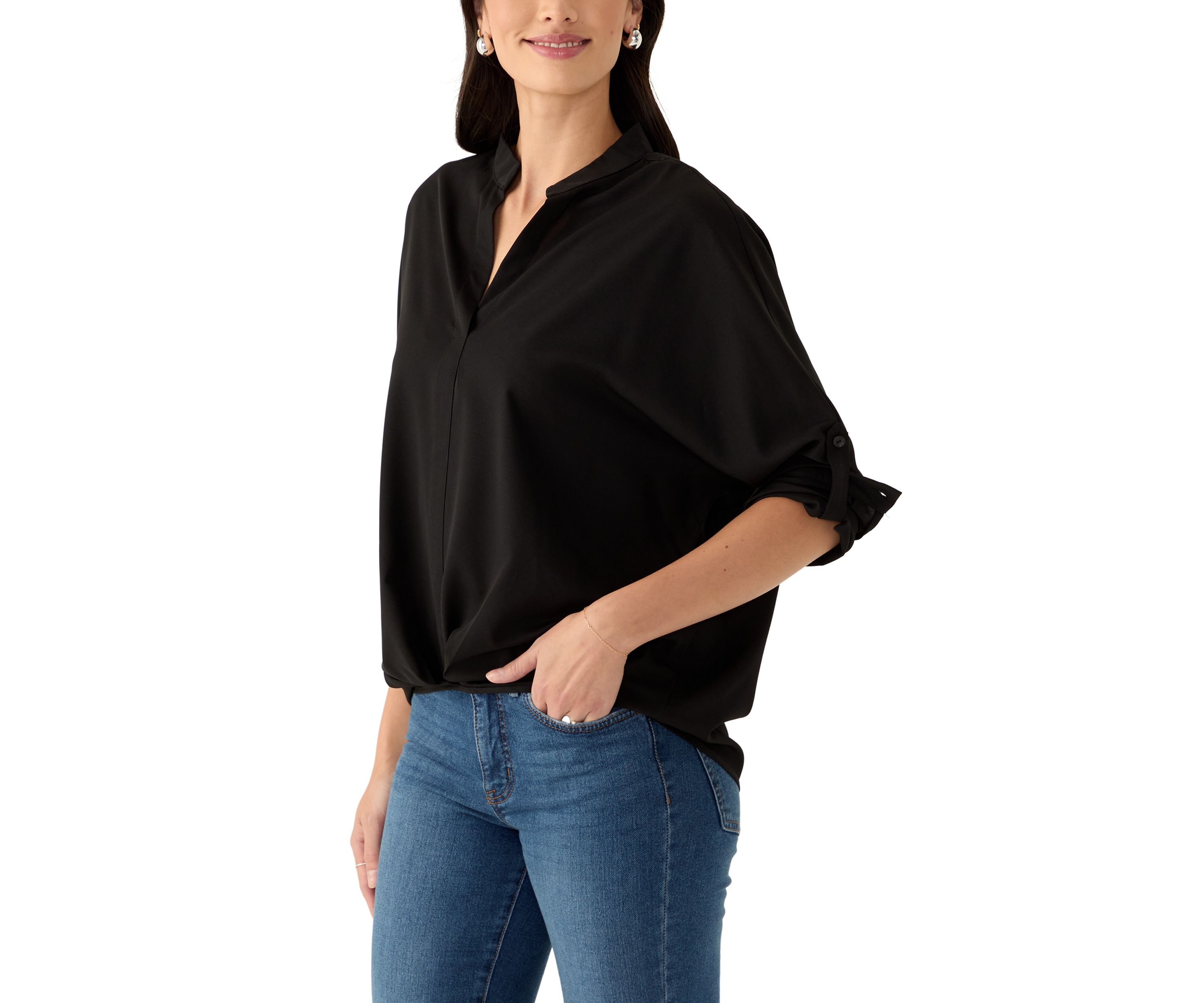 Womens Split Neck Button Front Blouse